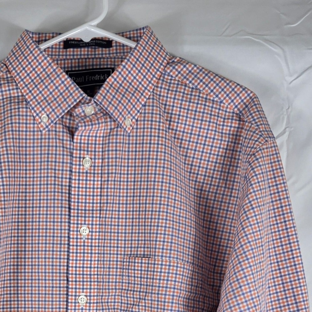 Paul Fredrick Mens XL Orange Blue Gingham Long Staple Cotton Button Down Shirt